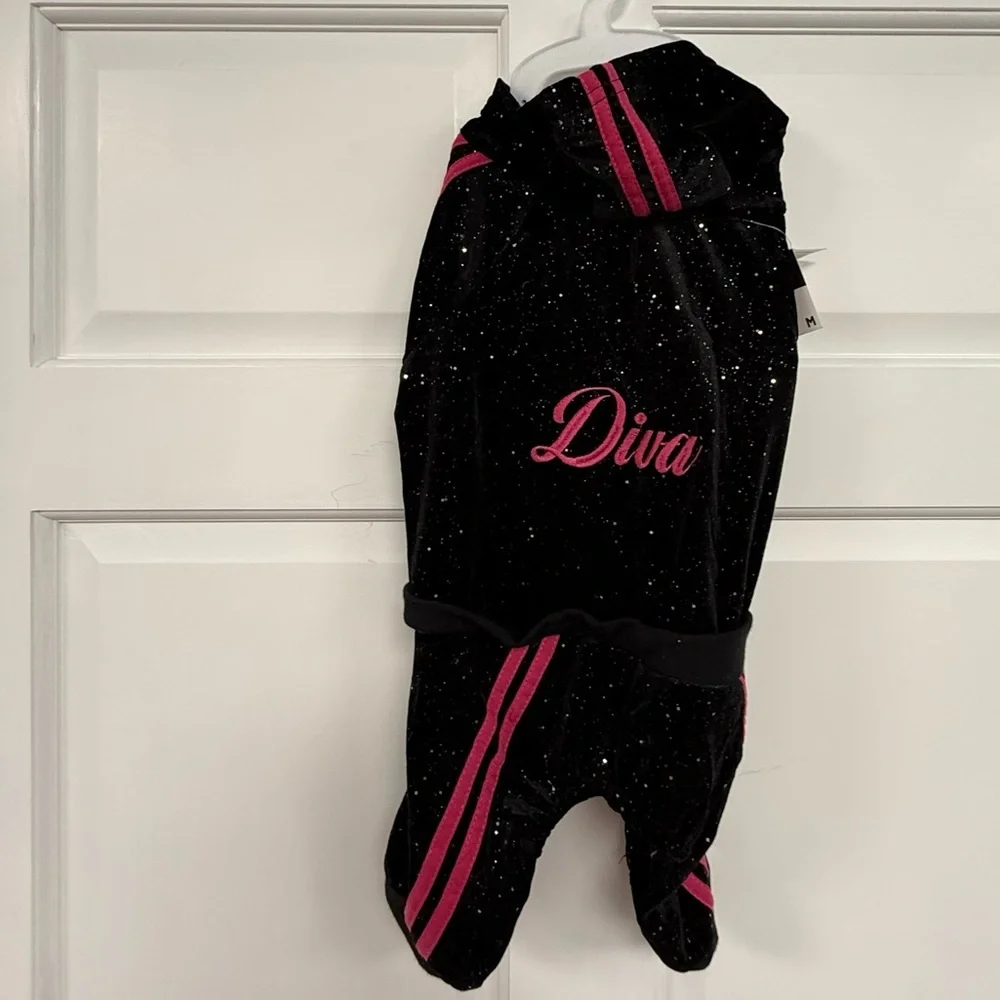 NWT FabDog Diva Velour Joggers Black & Pink Glitter Tracksuit M Fab Dog Dogs